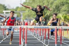 Winding Waters , Caiden Sneider took the Men’s 100 meter hurdles. Other athletes left to right Challenger Jacob Unto, Powell Dominick Piariello, Fox Chapel Jaiden Saenz and Powell Ethan Watford. Photo by JOE DiCRISTOFALO