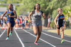 The Women’s 100 meter dash , 1st Tija Holland Parrott Middle, 2nd Kamora  Gordon West Hernando Middle, 3rd Amanda Soults Challenger K-8.  Photo by JOE DiCRISTOFALO