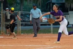 Hernando High shortstop, Aryanna Eliopoulos fires home to erase a potential run by Trinity Catholic. Photo by JOE DiCRISTOFALO