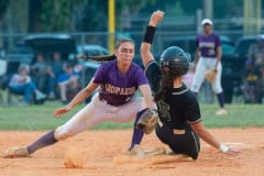 Hernando High shortstop, Aryanna Eliopoulosputs the tag on a Trinity Catholic runner attempting to steal second. Photo by JOE DiCRISTOFALO