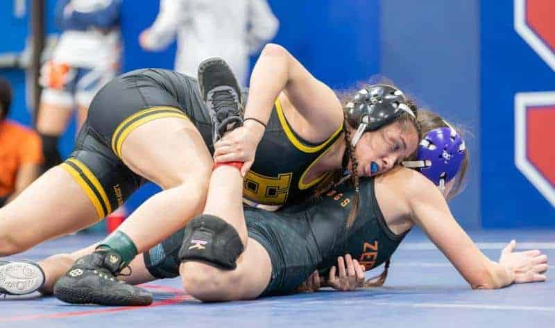 Hernando High 120 pound, Nathalia Espinal controls Zephyrhills Elissa Rice. Espinal finished second to Springstead High’s Jasmine Serrano. Photo by Joe DiCristofalo