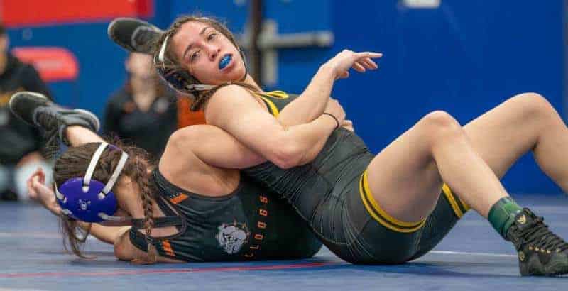 Hernando High 120 pound, Nathalia Espinal finished  Zephyrhills Elissa Rice by Fall. Photo by Joe DiCristofalo