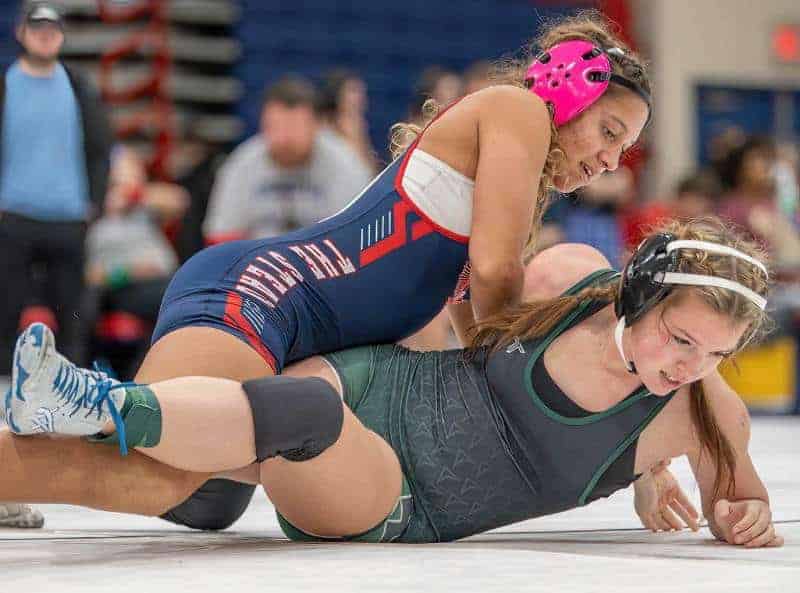 Springstead’s Jasmine Serrano won over Weeki Wachee High’s Reagan Cisneros by Fall on her way to taking the title at 120 pounds in the Susa Duval Ladies Bash at Springstead High, Dec. 13, 2023. Photo by Joe DiCristofalo