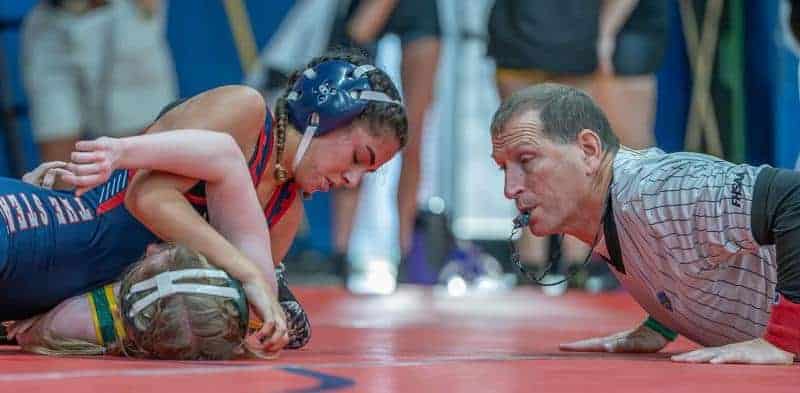 Springstead’s Gianella Walczah pins Kiera Hubler of Cypress Creek on her way to the title at 105 pounds at the Susan Duval Ladies Bash at Springstead High, Dec. 13, 2023. Photo by Joe Dicristofalo