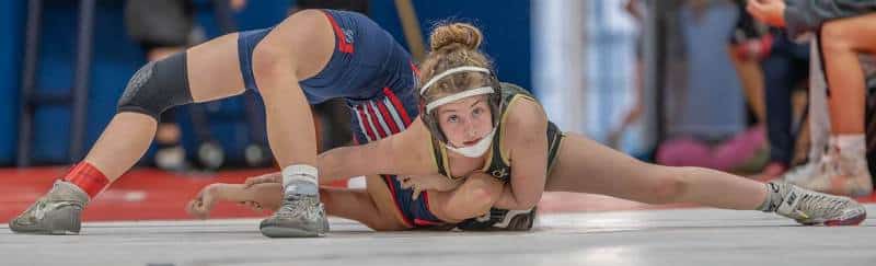 Emmerson Weber from Zephyrhills Christian looks for confirmation of a pin against Springstead’s Kayla Blohm in the 100 pound weight class of the Susan Duval Ladies Bash. Photo by Joe DiCristofalo