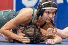 Weeki Wachee High, 135 pound , Jadyn Aponte, Pinning Zephyr Hills , Kendall Bray. Aponte finished third in the Susan Duval Ladies Bash at Springstead High, Dec. 13, 2023.  Credit: Joe DiCristofalo