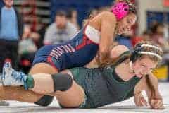 Springstead’s Jasmine Serrano won over Weeki Wachee High’s Reagan Cisneros by Fall on her way to taking the title at 120 pounds in the Susa Duval Ladies Bash at Springstead High, Dec. 13, 2023. Photo by Joe DiCristofalo