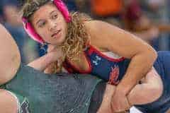 Springstead’s Jasmine Serrano won over Weeki Wachee High’s Reagan Cisneros by Fall on her way to taking the title at 120 pounds in the Susa Duval Ladies Bash at Springstead High, Dec. 13, 2023. Photo by Joe DiCristofalo