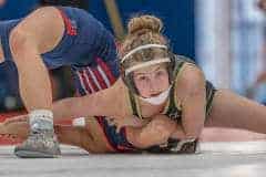 Emmerson Weber from Zephyrhills Christian looks for confirmation of a pin against Springstead’s Kayla Blohm in the 100 pound weight class of the Susan Duval Ladies Bash. Photo by Joe DiCristofalo