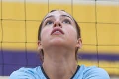 Nature Coast Tech’s, 7, Amanda Tirado concentrates on an overhead return Tuesday night at Hernando High. Photo by Joe DiCristofalo