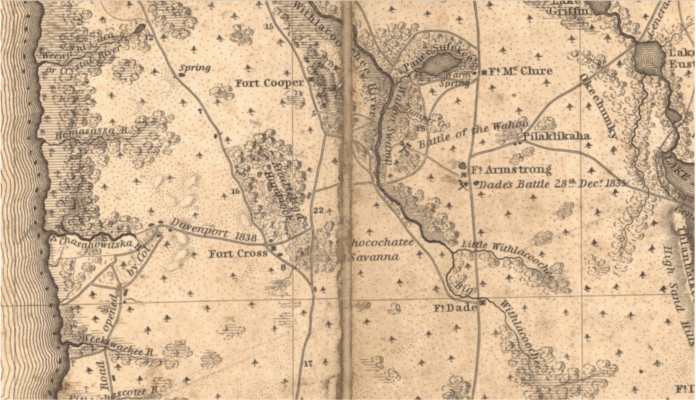 Fort Cross appears on the map above; Mackay, John and J.E. Blake Map of the Seat of War in Florida (northern half) Publication Info: Washington: W.J. Stone, 1839 Original Source: Birmingham Public Library Cartography Collection