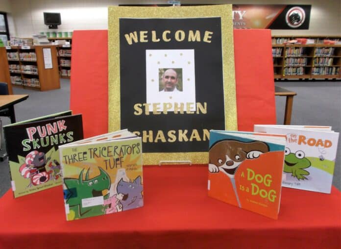 Several books written/illustrated by Shaskan on display at Spring Hill Elementary
