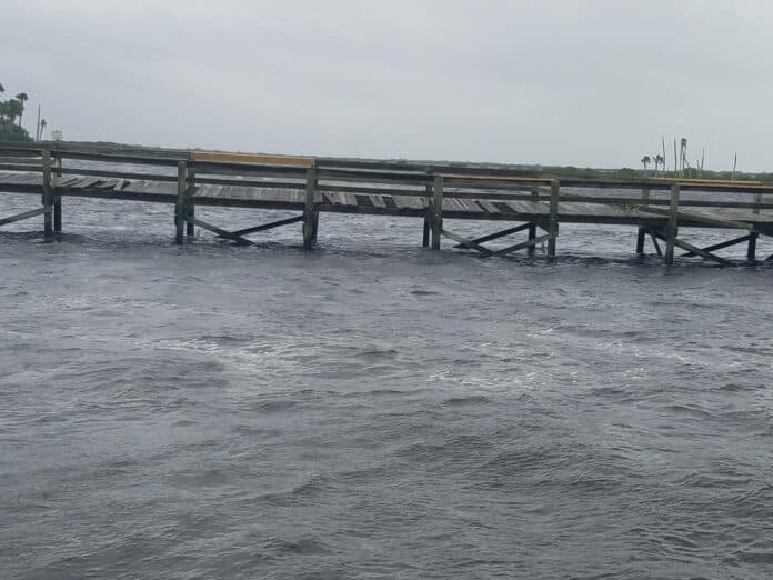 Caption: Bayport Pier damaged following Hermine in 2016- photo by Hernando County Gov.