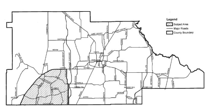 Map from the county indicating mandatory service area with horizontal lines