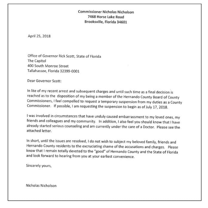 Mr. Nicholson sent the above letter to Gov. Scott on April 25, 2018.  The next day Gov. Scott suspended Mr. Nicholson for malfeasance.