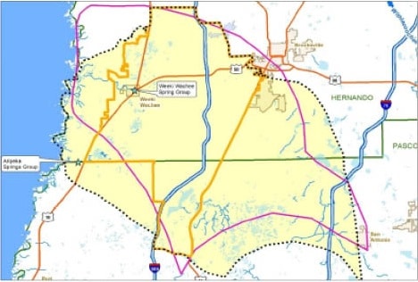 The entire Weeki Wachee Springshed Basin Management Action Plan Area.  Septic to Sewer conversions for districts A and B near Weeki Wachee Springs Group are called for on the final BMAP, estimated to cost $50 million.  The entire springshed contains 19 districts A- S.