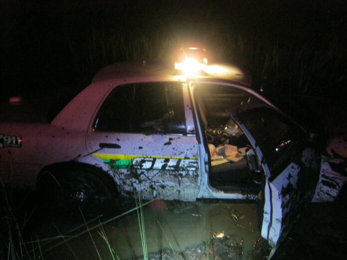 Patrol vehicle crashed into the canal after deputy swerved to avoid deer. 