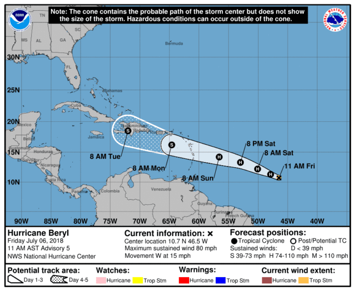 Path of Hurricane Beryl prediction  as of July 6, 2018 12:37PM