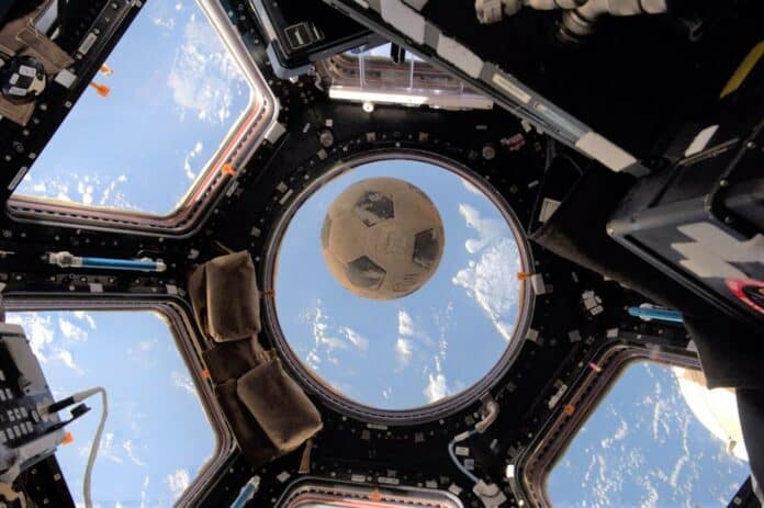 Kimbrough took this photo of the ball floating in front of the space station’s Cupola window before the Challenger anniversary and NASA’s Day of Remembrance in 2017.