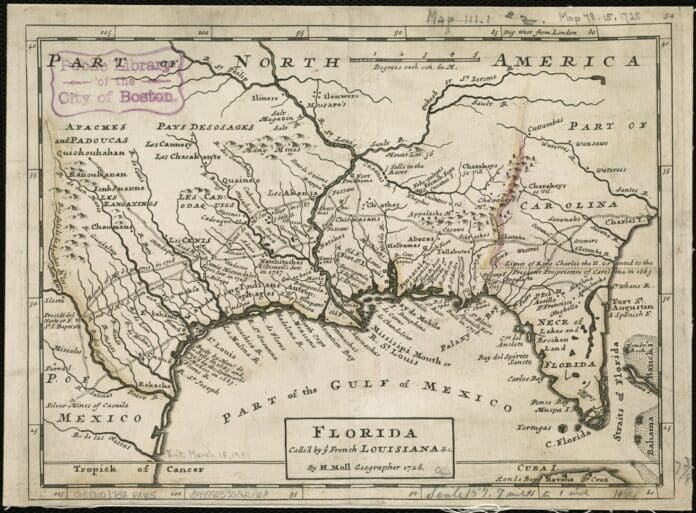 1728 Map by Geographer H. Moll showing Anclote, a popular spot for pirates.