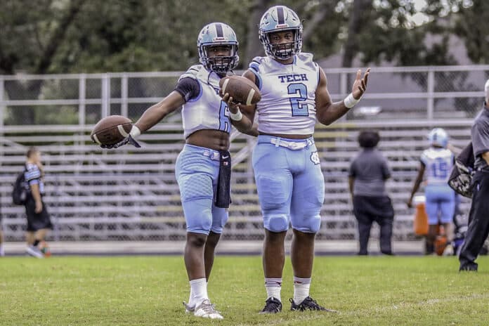 Sharks’ Shemar Lawson and Mike Weston.  Lawson ran a 70 yard touchdown during the opening kickoff return.  Weston carried the ball 22 times for 183 yards and three scores against Central on Sept. 14, 2018.