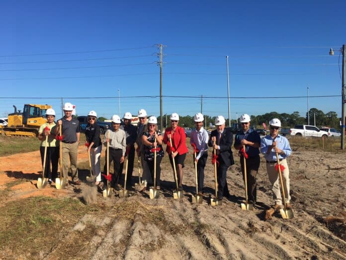 Commissioner Allocco, Commissioner Holcomb, County Administrator Leonard Sossamon, Deputy County Administrator Jeff Rogers, Fairfield Inn and Suites staff, Chamber of Commerce staff and county staff participate in groundbreaking ceremony