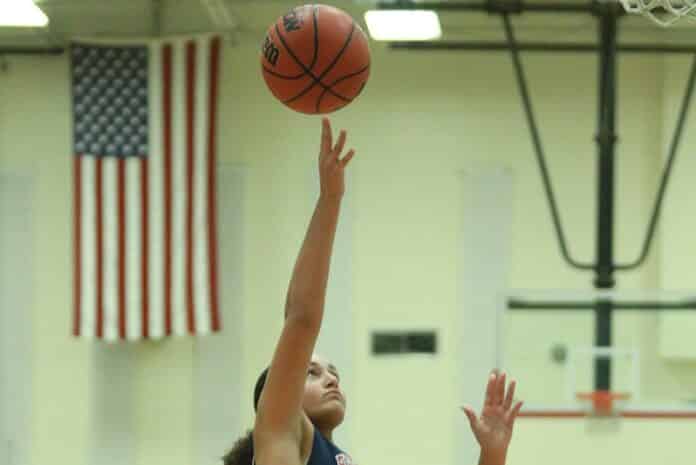 Eagles Tianna Stifanic attempts a 2 pointer during the scrimmage game against Gulf. She sank a 3 pointer during the first half