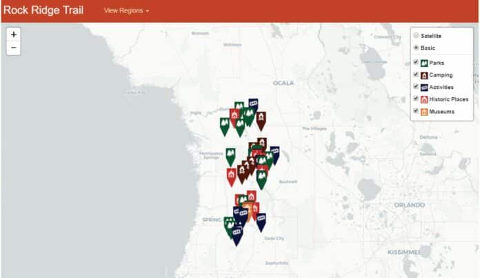Screen shot of interactive map on visitrockridgetrail.com.  The user clicks on an icon of interest and a description of the location as well as web link is provided for further information.