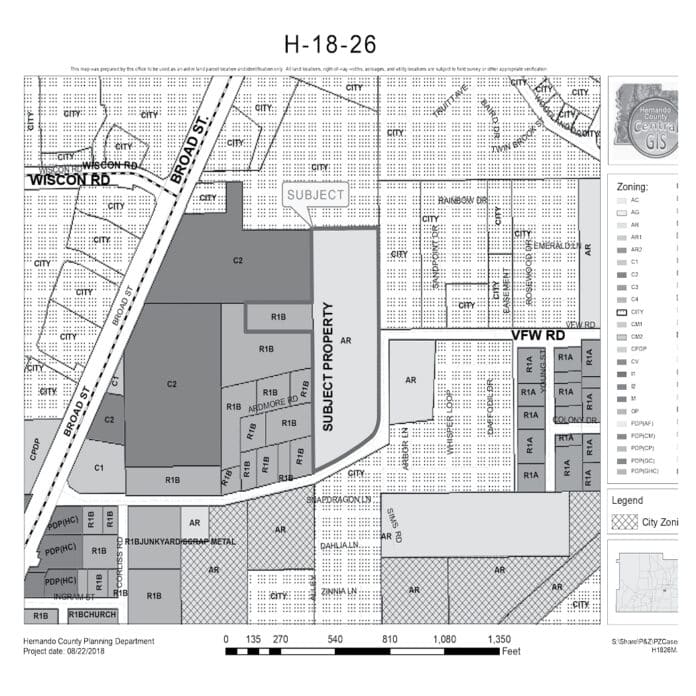 Map showing the property that Falcon Ridge Acquisitions LLC would like to rezone to multifamily off of VFW Rd in Brooksville.