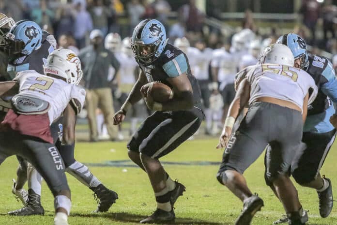 NCT powerhouse player Mike Weston gained the most yardage and touchdowns during the Sharks 2018 season.  NCT v. North Marion - 5A Region 2 Final