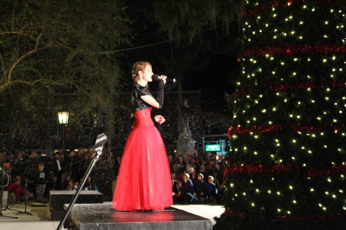 Live Oak’s Ariel Santerelli performs at the Christmas Tree Lighting ceremony on Dec. 6, 2018. Photo courtesy of Kasey Kupcik
