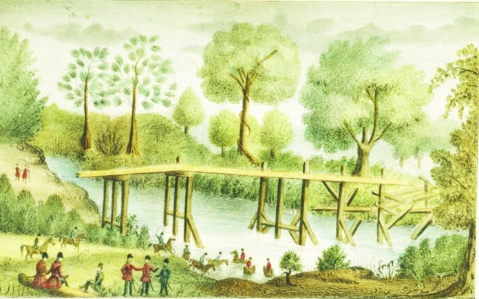 Arrival of the So. Ca. Dragoons at the Withlacoochee; South Carolina soldiers along the Withlacoochee River during the 2nd Seminole War, with some on horseback in river by ruins of bridge. The State Library and Archives of Florida cites as “Lithographs of events in the Seminole War in Florida in 1835. Issued by T.F. Gray and James of Charleston, S.C., in 1837.”