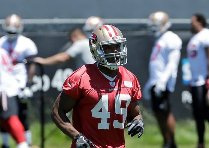 Former Nature Coast running back Matt Breida during the San Francisco 49ers’ organized team activity at their training facility in Santa Clara, Calif. AP Photo/Jeff Chiu