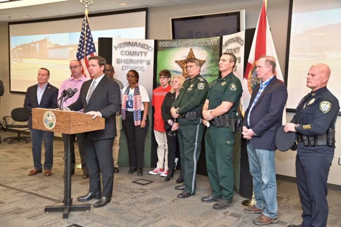 Governor Ron DeSantis speaks on the 287(g) ICE program at the Sheriff's Office in Brooksville Tuesday Feb. 26, 2019. Photo Credit: Governor Ron DeSantis Press Office