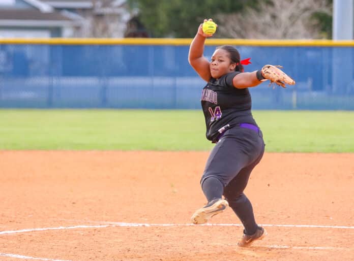 Hernando Sophomore Olivia Townsend winds up on the pitchers mound during the Springstead Softball Classic.  Photo by Alice Mary Herden