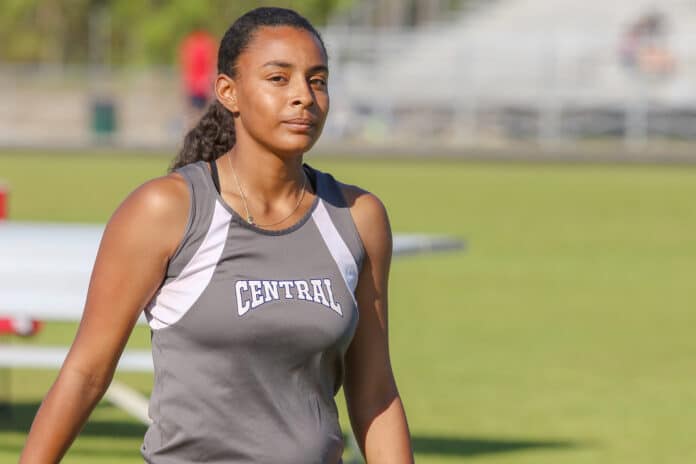 Kayla on the track during the Hernando Citrus Classic at Weeki Wachee High School on April 3, 2019. 