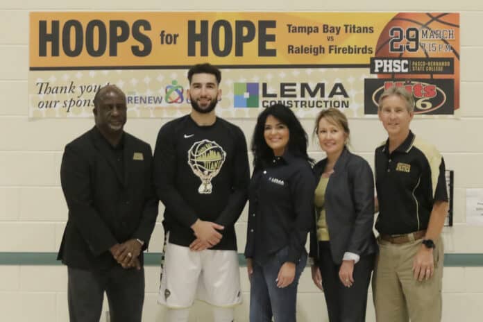 PHSC President Dr. Timothy Beard, Tampa Bay Titans Owner Bassel Harfouch, Business Developer LEMA Construction Yurina Rojas, Associate Vice President of Alumni and College Relations/Executive Director of the Foundation Lisa Richardson, Athletics Director Steve Winterling.