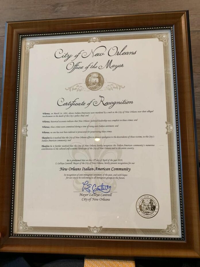 Certificate of Recognition to New Orleans Italian American Community on the 1891 mass lynching via Italy’s Ministry of Foreign Affairs and International Cooperation