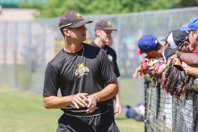 PHSC Sophomore Anthony Cassos talks to some of the high school student-athletes participating in the Spring Baseball Showcase