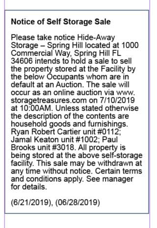Notice of Storage Sale
