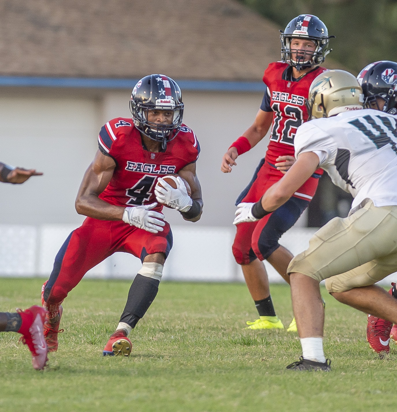 Springstead High’s ,4, Anthony Alexis exploits a hole in the Sunlake defense Friday at Booster Stadium. Photo by JOE DiCRISTOFALO