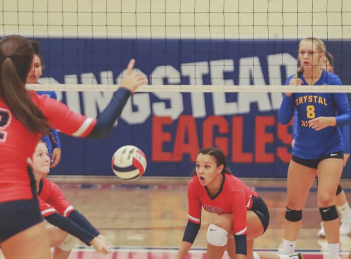 Jeannie Ayala and Katie Ryan attempt to recover control of the ball during the match against Crystal River Tuesday Night. Jeannie Ayala had 24 assists and four aces.