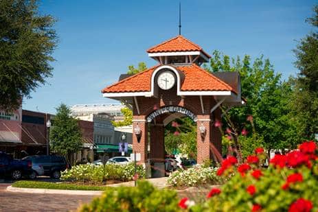 Clock tower at Centennial Garden Plaza in downtown Winter Garden.