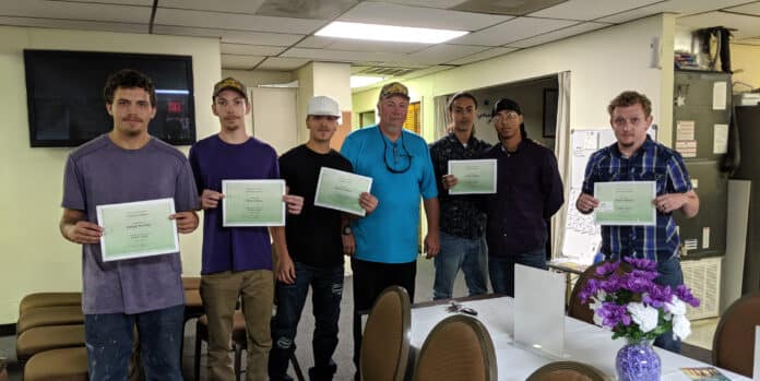 T-volt plumbing helper graduates from left ot right: Joseph Yardley, Devon Davis, Gionnel Ramos, Dennis Harmon (instructor), Justin Liranzo and Mark Gidman (far right).