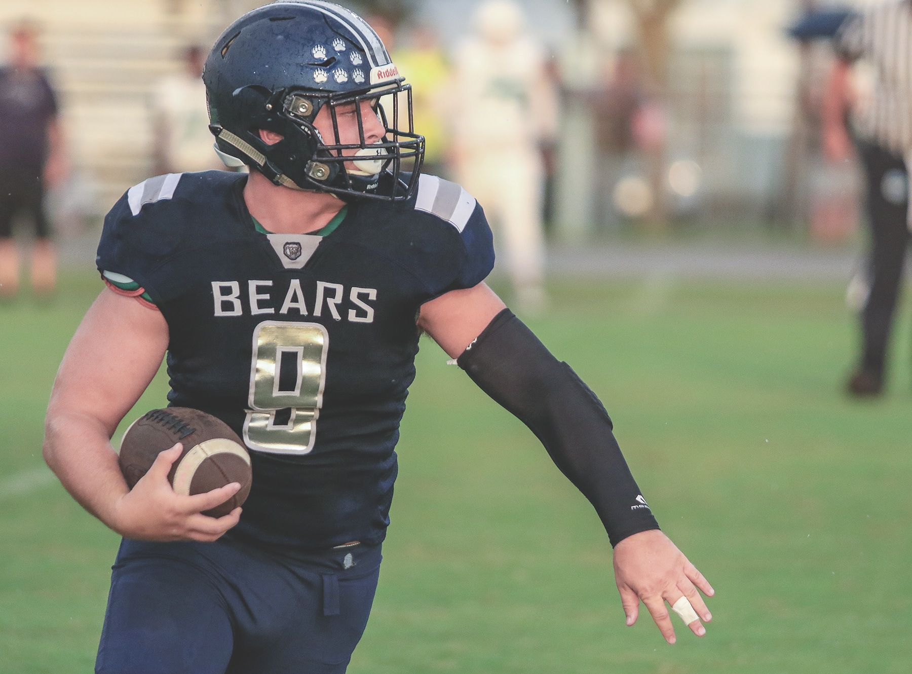 Bears’ Senior Kaleb Morrison rushes the ball during Friday night’s game against Gulf. Morrison is a guard and defensive tackle. To date he has 18 tackles. He rushed 39 yards during the Friday night’s game against Gulf.