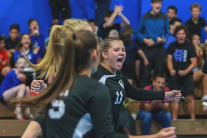 Courtney Klukowski along with the crowd, reacts as HCA gains a point against Meadowbrook on Tuesday Aug. 27, 2019.