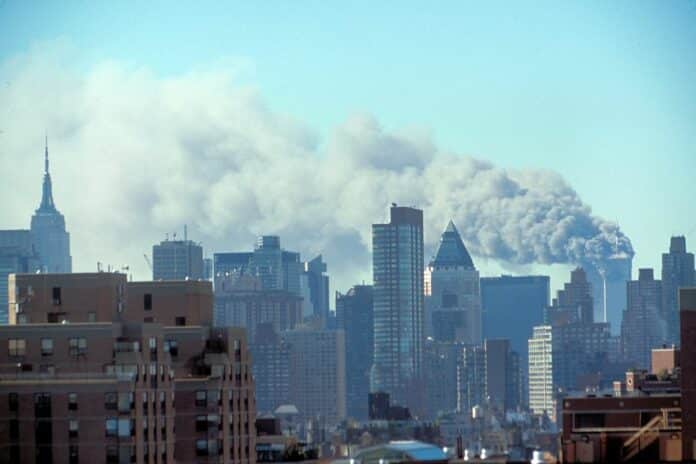 Skyline of Manhattan with smoke billowing from the Twin Towers following September 11th terrorist attack on World Trade Center, New York City Description	 Skyline of Manhattan with smoke billowing from the Twin Towers following September 11th terrorist attack on World Trade Center, New York City. Sept. 11, 2001. Image. Retrieved from the Library of Congress, www.loc.gov/pictures/item/2002719353/. (Accessed September 03, 2016.)  Call Number: LC-A05- A01 [item] [P&P]  Forms part of: Collectio