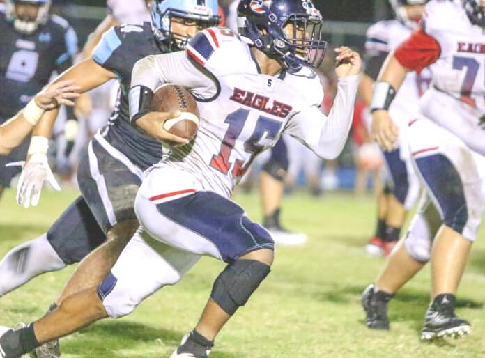 Springstead-NCT:  Eagles running back Jaylen Thompson gains yardage against the Sharks. 2019 FILE PHOTO by ALICE MARY HERDEN
