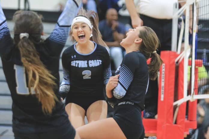 Sharks Senior Dianna Watkins (2) celebrates a point against Tarpon Springs Tuesday night during the 2019 4A FHSAA Girls Volleyball Championship Regional Semifinals at Nature Coast Technical High School.