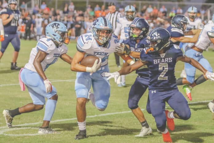 Sharks Anthony Trepen carries the ball into Central’s territory on Friday Night Oct. 25, 2019. Photo by Alice Mary Herden